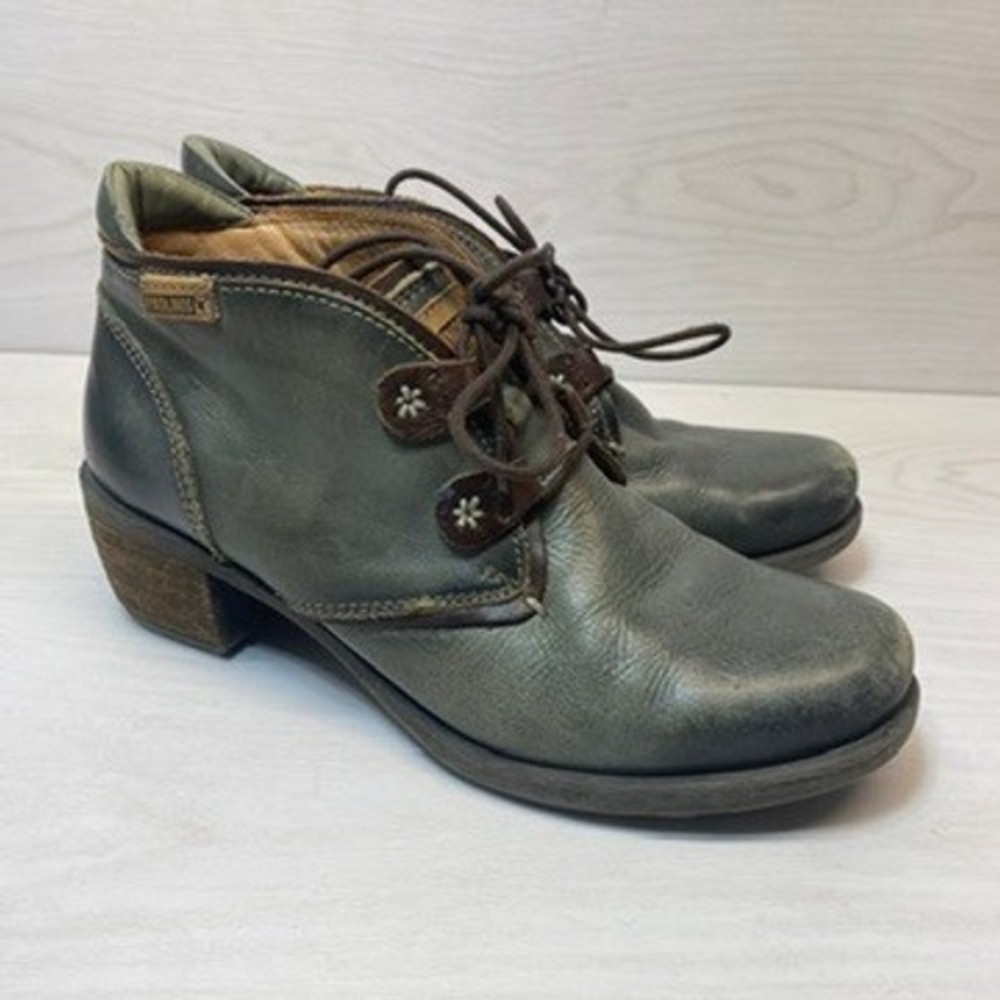 Pikolinos Womens 37 Booties Lace Up Green Leather Ankle Boots Chukka Block Heel